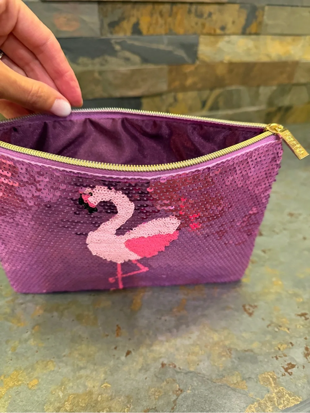 Pink Sequin Flamingo Zip Pouch Tarte Make Up Holder
